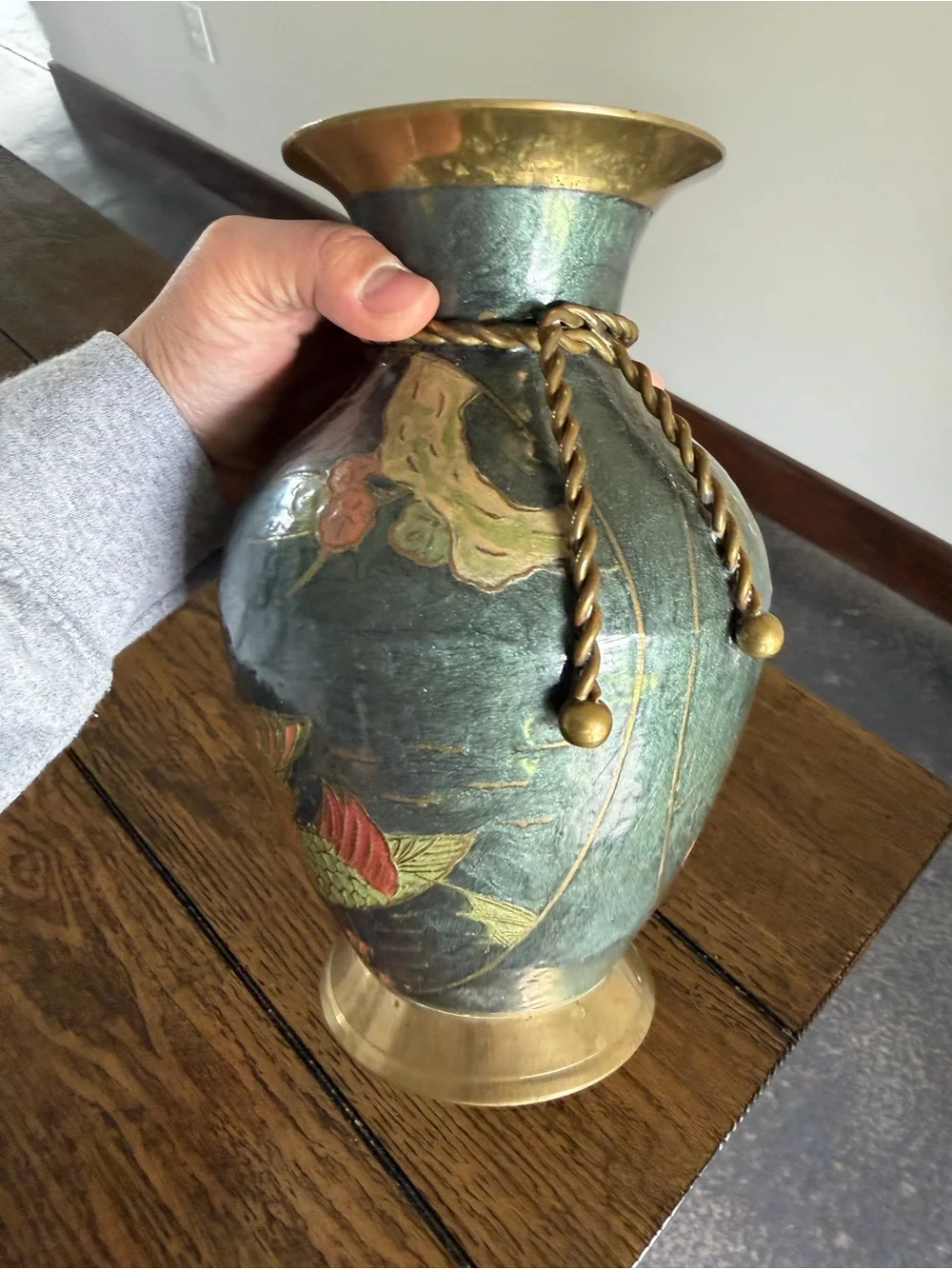 Vintage Brass CLOISONNE VASE Hand Painted 9.5